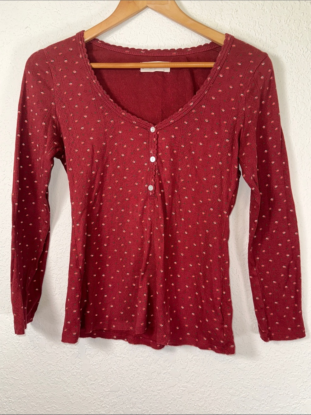 Lucky Brand Red Long Sleeve Scoop Henley with Florals